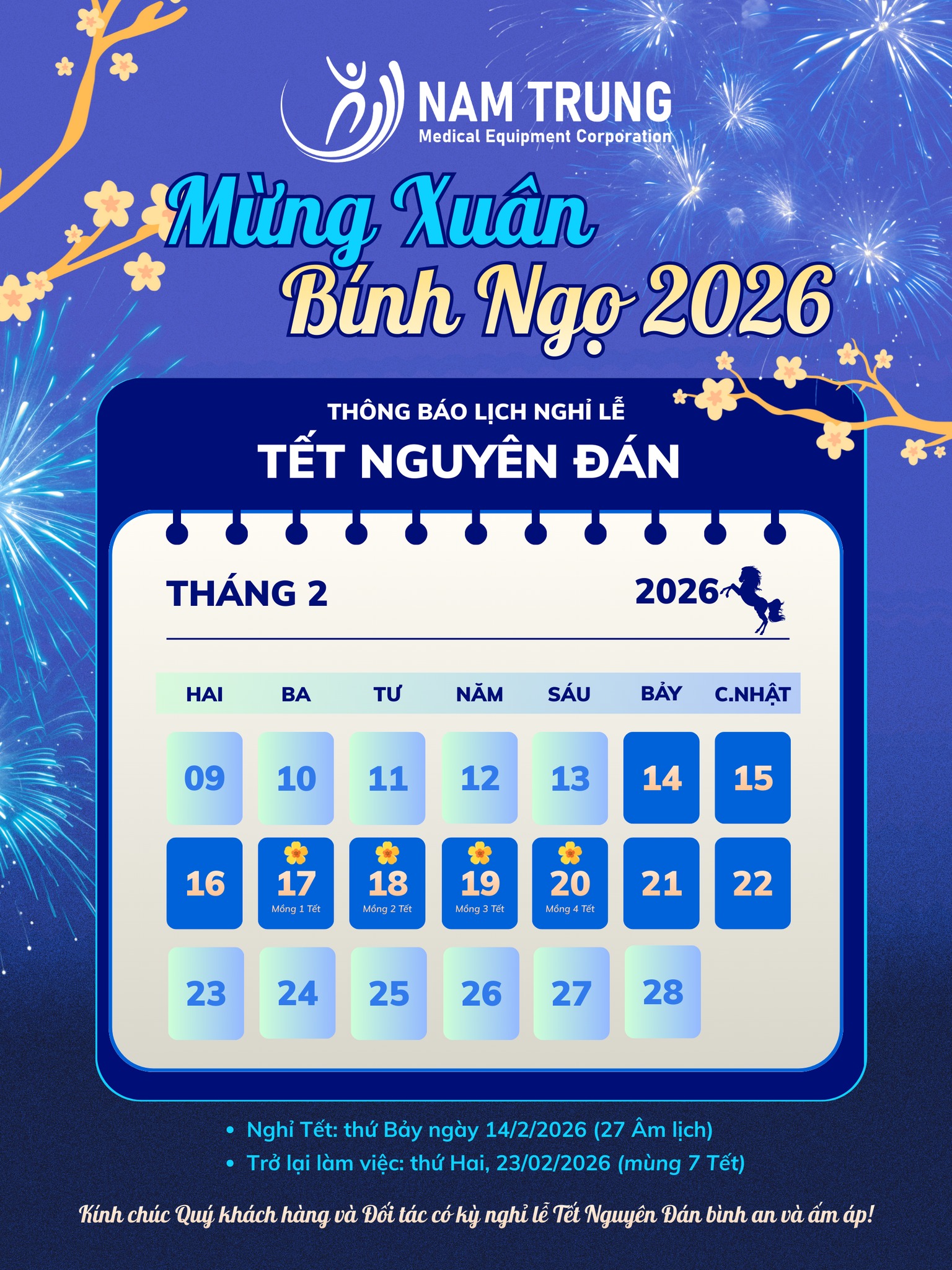 Lịch nghỉ Tết Nguyên Đán Bính Ngọ 2026